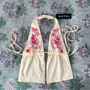 Motel Kayria Yellow Floral Embroidered Open Tie-Back Halter Top